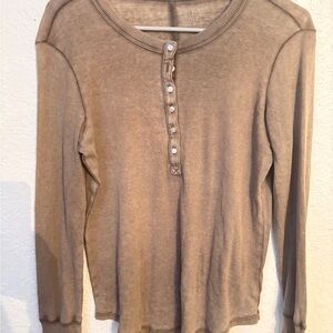 Real Soft Ribbed Henley Long Sleeve Top Brown Size M